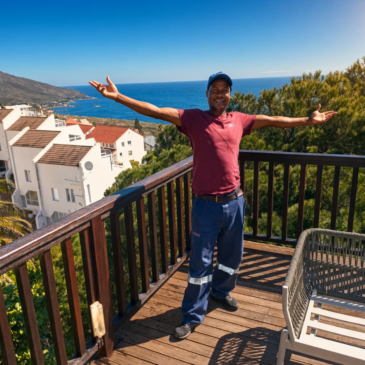 Trust on a finished timber deck overlooking the southern suburbs